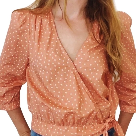 Madewell Blouse Top Shirt Wrap Peach Scatter Star Print Crossover Waist Tie - Picture 3 of 13